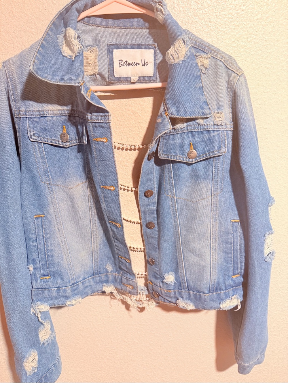 Between Us Light Blue Distressed Denim Jacket